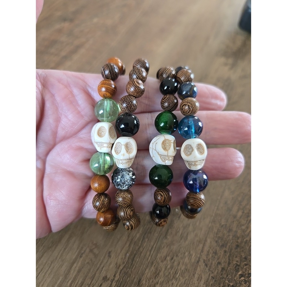 Wood Bead/Stone Bead Stone Skull Bead Stretch Stacking Bracelets Set of 4-6.5"